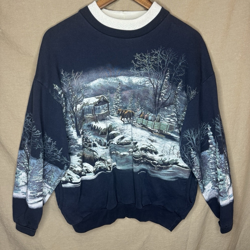 Vintage 90s Art Unlimited Horse Nature Crewneck Sweatshirt XL USA AOP Snow